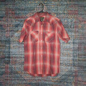 High Noon mens red an gray plaid western Cowboy shirt M EUC